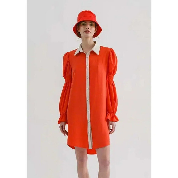 Sienna Dresses & Skirts - Margo Baridon Sienna Mini Shirt Dress Size Small Orange Puff Sleeve $298